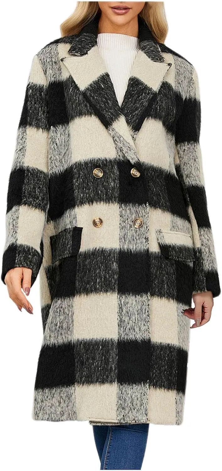 Plaid Cardigans for Women Plaid Wool Trench Coat Shacket Lapel Button Down Woolen Blend Tartan Over Shirt Trench Coat