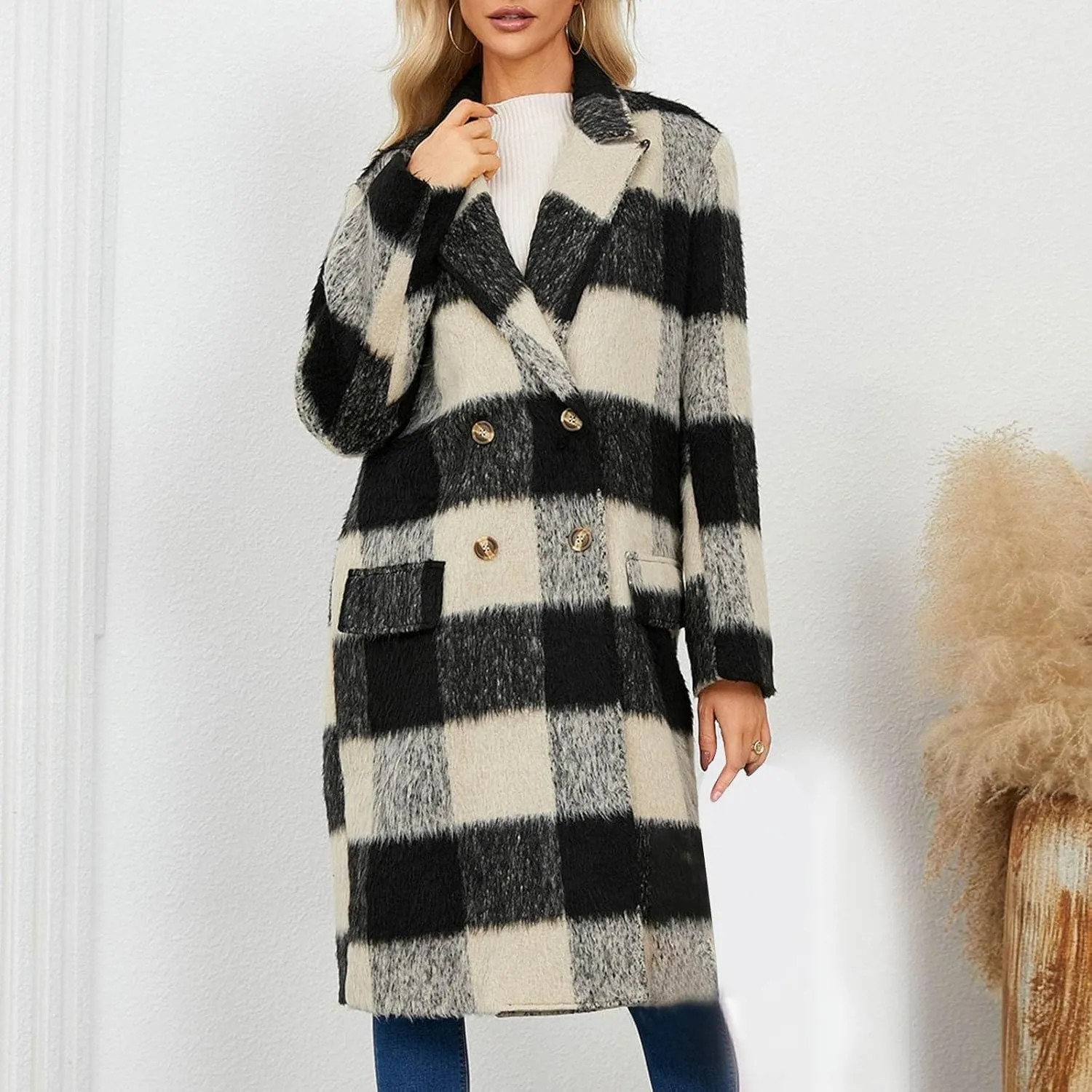 Plaid Cardigans for Women Plaid Wool Trench Coat Shacket Lapel Button Down Woolen Blend Tartan Over Shirt Trench Coat