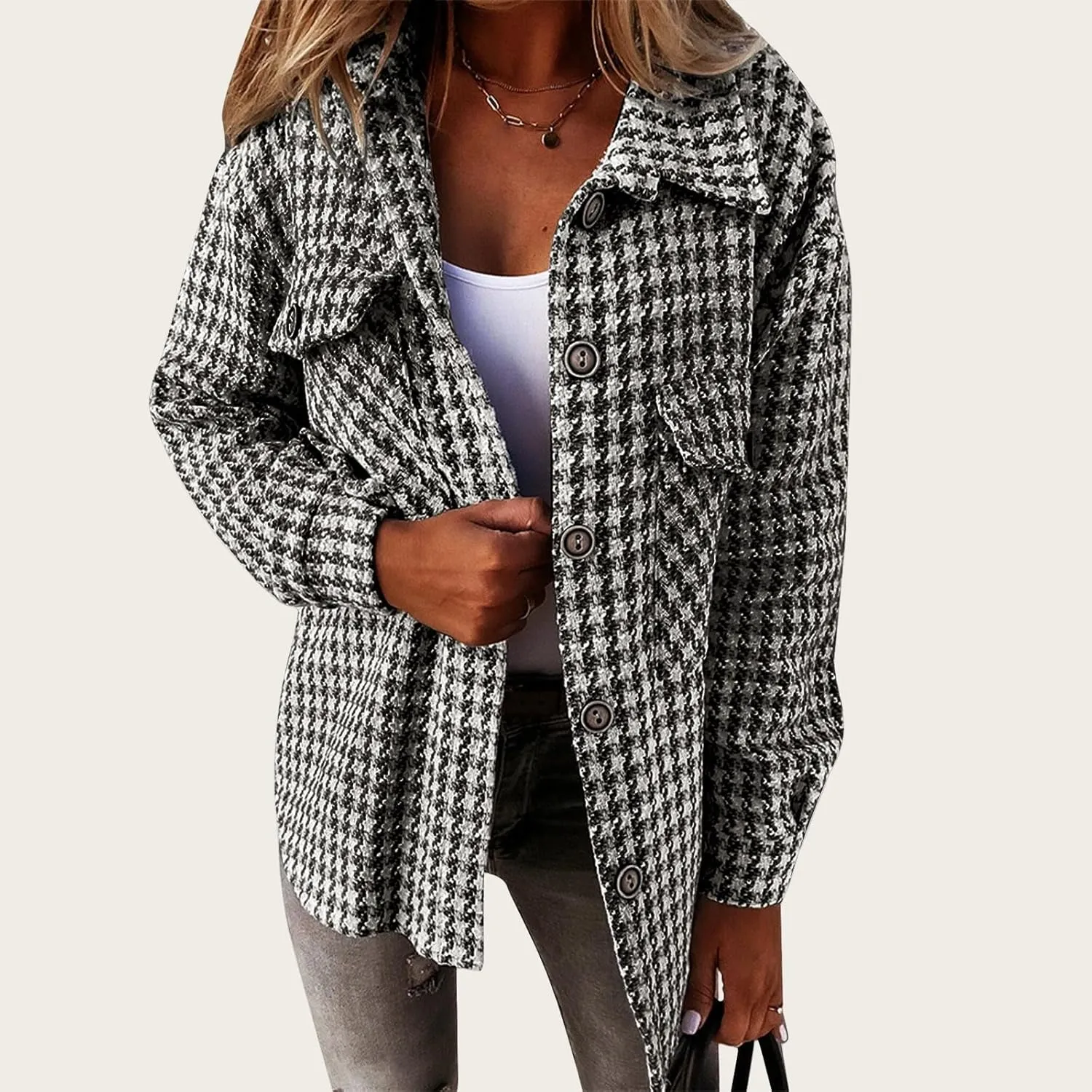 Plaid Jacket Women Long Sleeve Button Down Shirt Casual Houndstooth Jacket Wool Blend Coat Outwear with Pockets