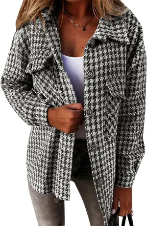 Plaid Jacket Women Long Sleeve Button Down Shirt Casual Houndstooth Jacket Wool Blend Coat Outwear with Pockets