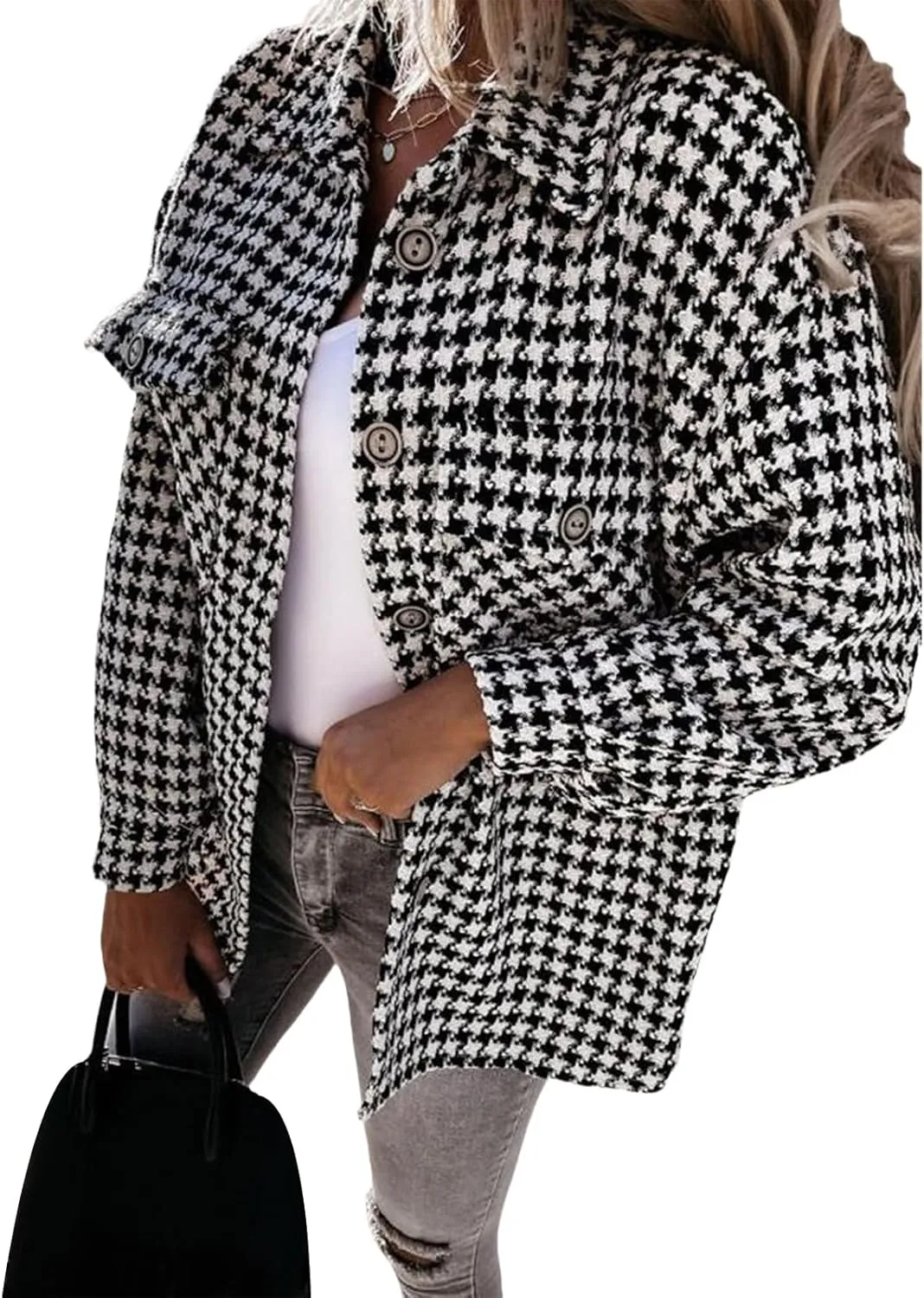 Plaid Jacket Women Long Sleeve Button Down Shirt Casual Houndstooth Jacket Wool Blend Coat Outwear with Pockets