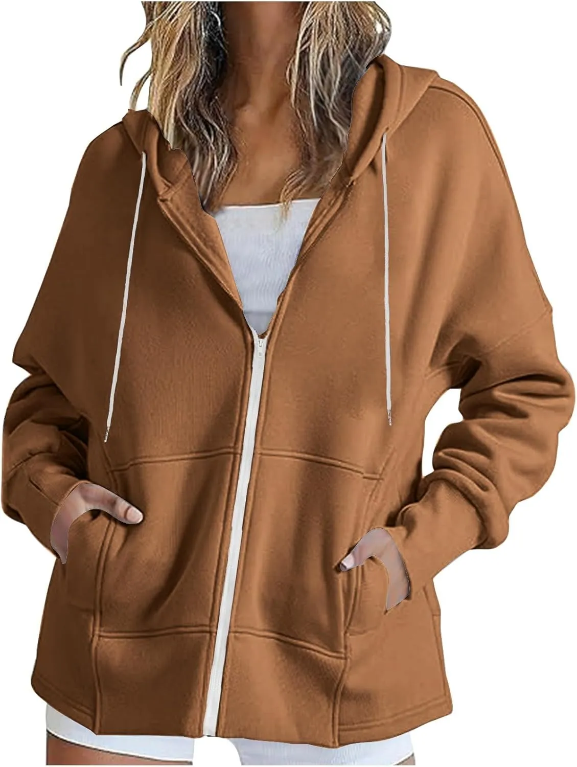 Plus Size Drawstring Sweatshirts for Women Long Sleeve Zip Up Oversized Casual Hoodies Jackets 2024 Fall Outfits