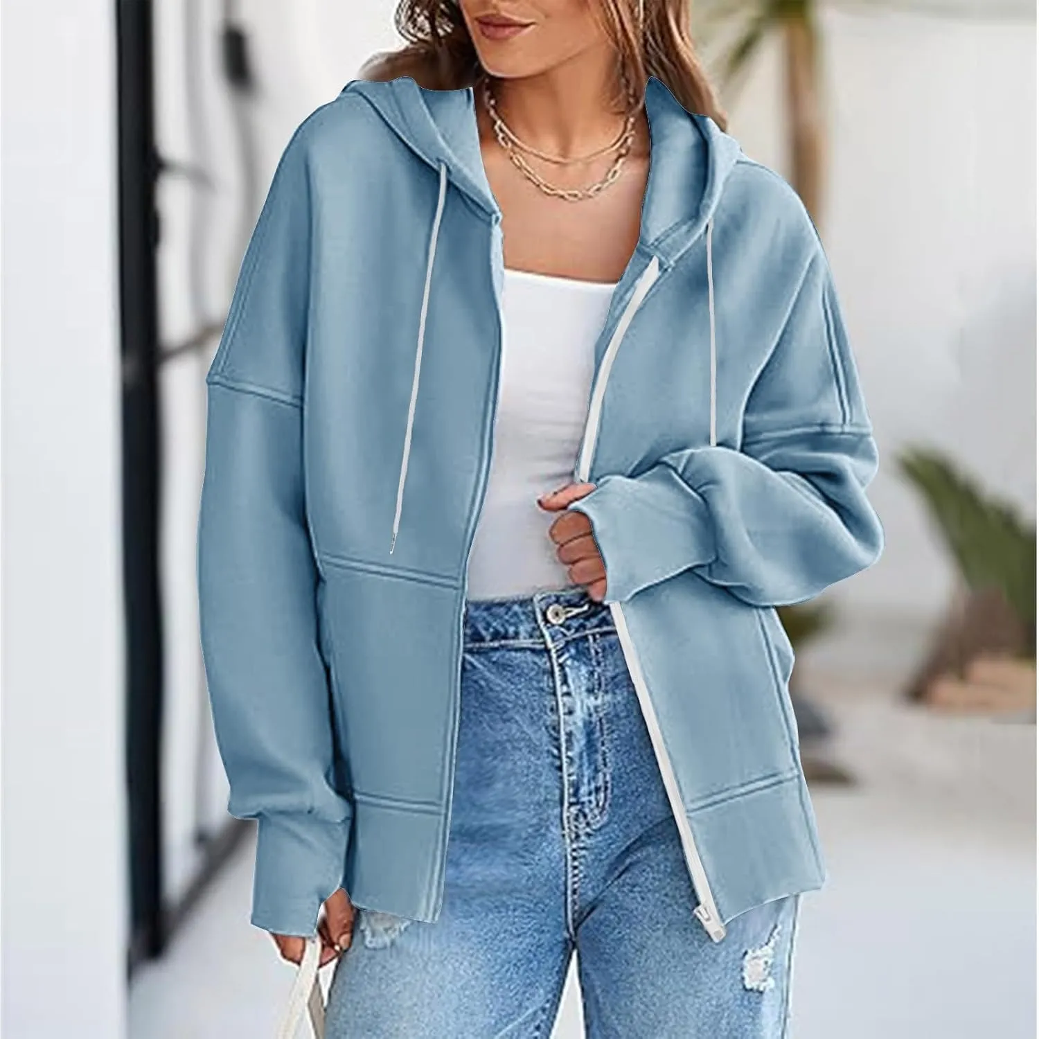 Plus Size Drawstring Sweatshirts for Women Long Sleeve Zip Up Oversized Casual Hoodies Jackets 2024 Fall Outfits