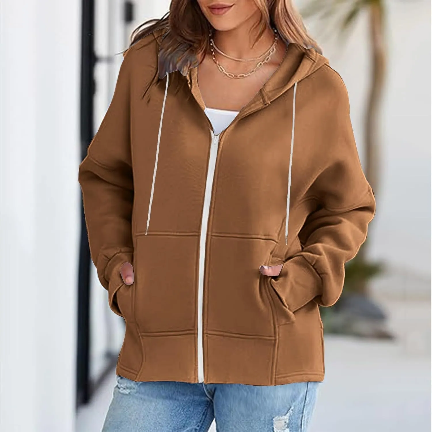 Plus Size Drawstring Sweatshirts for Women Long Sleeve Zip Up Oversized Casual Hoodies Jackets 2024 Fall Outfits