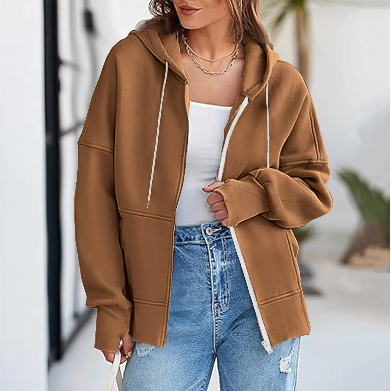 Plus Size Drawstring Sweatshirts for Women Long Sleeve Zip Up Oversized Casual Hoodies Jackets 2024 Fall Outfits