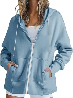 Plus Size Drawstring Sweatshirts for Women Long Sleeve Zip Up Oversized Casual Hoodies Jackets 2024 Fall Outfits