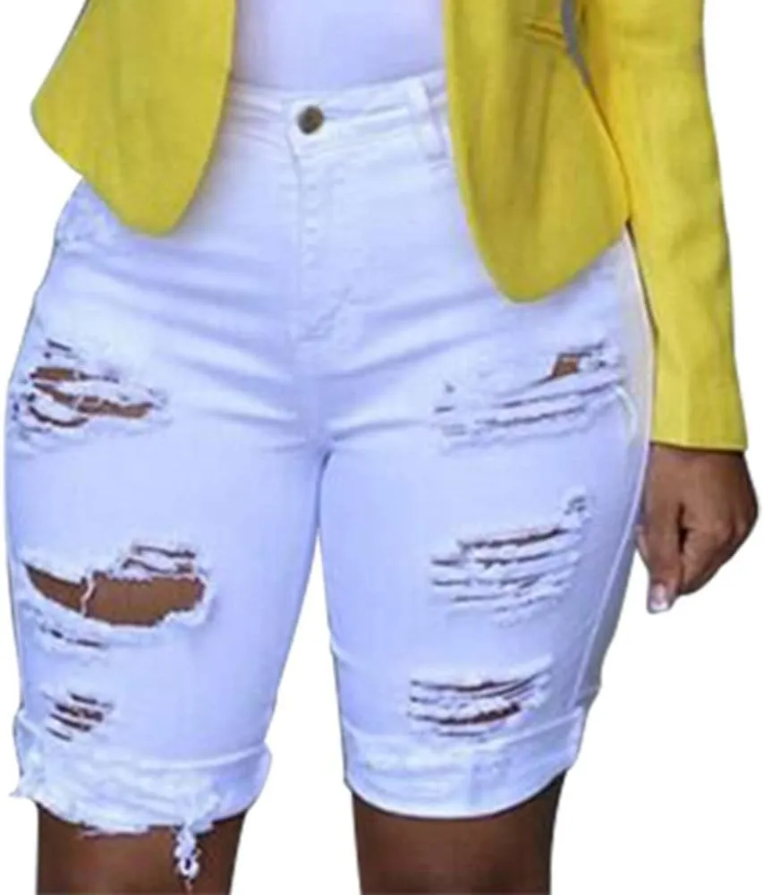 Plus Size Jean Shorts for Women Ripped Distressed Frayed Denim Shorts Ladies High Waisted Slim Fit Fold Hem Jean Shorts