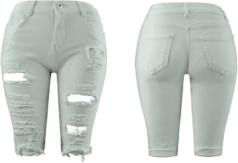 Plus Size Jean Shorts for Women Ripped Distressed Frayed Denim Shorts Ladies High Waisted Slim Fit Fold Hem Jean Shorts