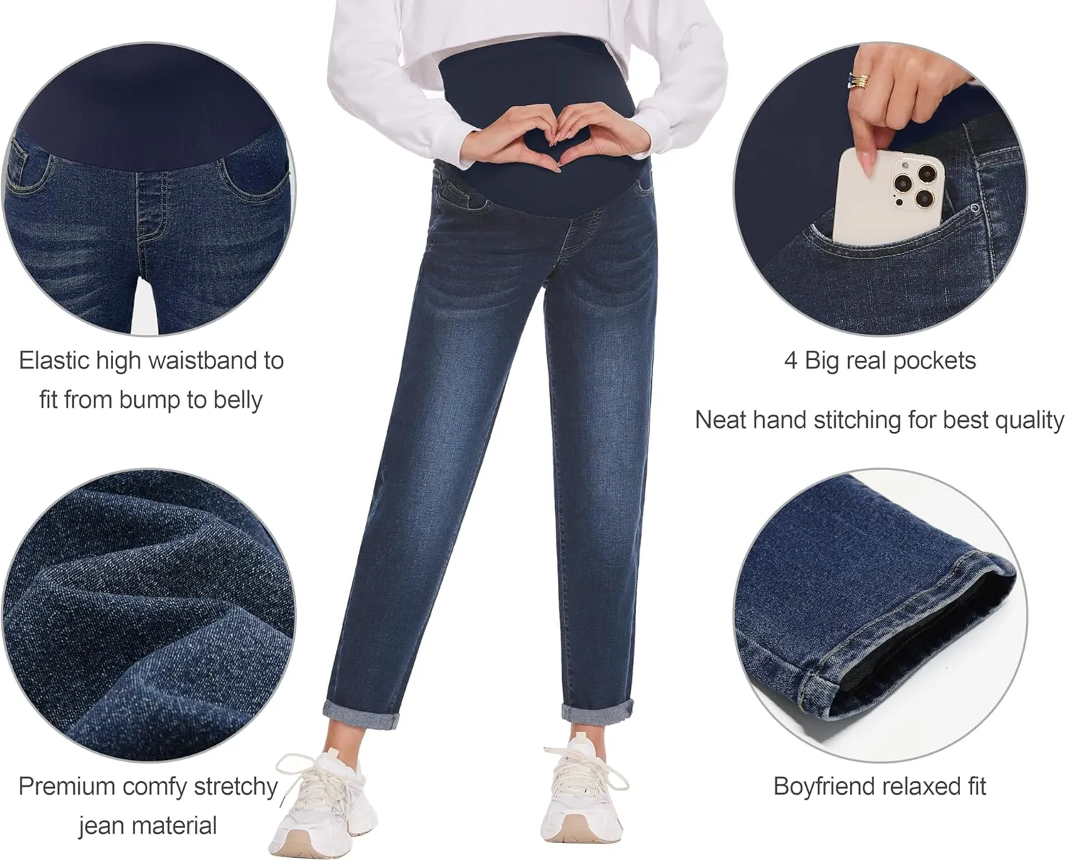 POSHGLAM Women's Maternity Jeans Over Belly Comfy Stretch Boyfriend Jeans Loose Pregnancy Pants, S-XXL