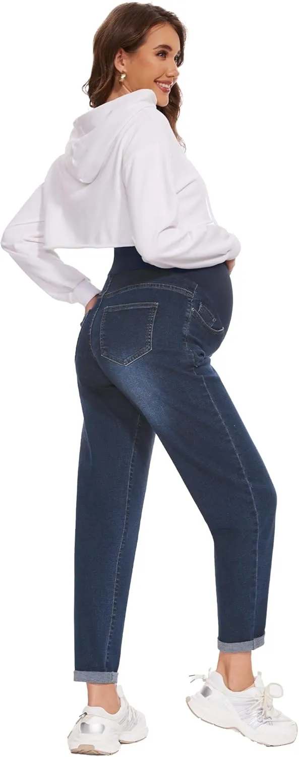 POSHGLAM Women's Maternity Jeans Over Belly Comfy Stretch Boyfriend Jeans Loose Pregnancy Pants, S-XXL