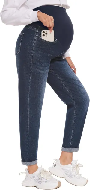 POSHGLAM Women's Maternity Jeans Over Belly Comfy Stretch Boyfriend Jeans Loose Pregnancy Pants, S-XXL