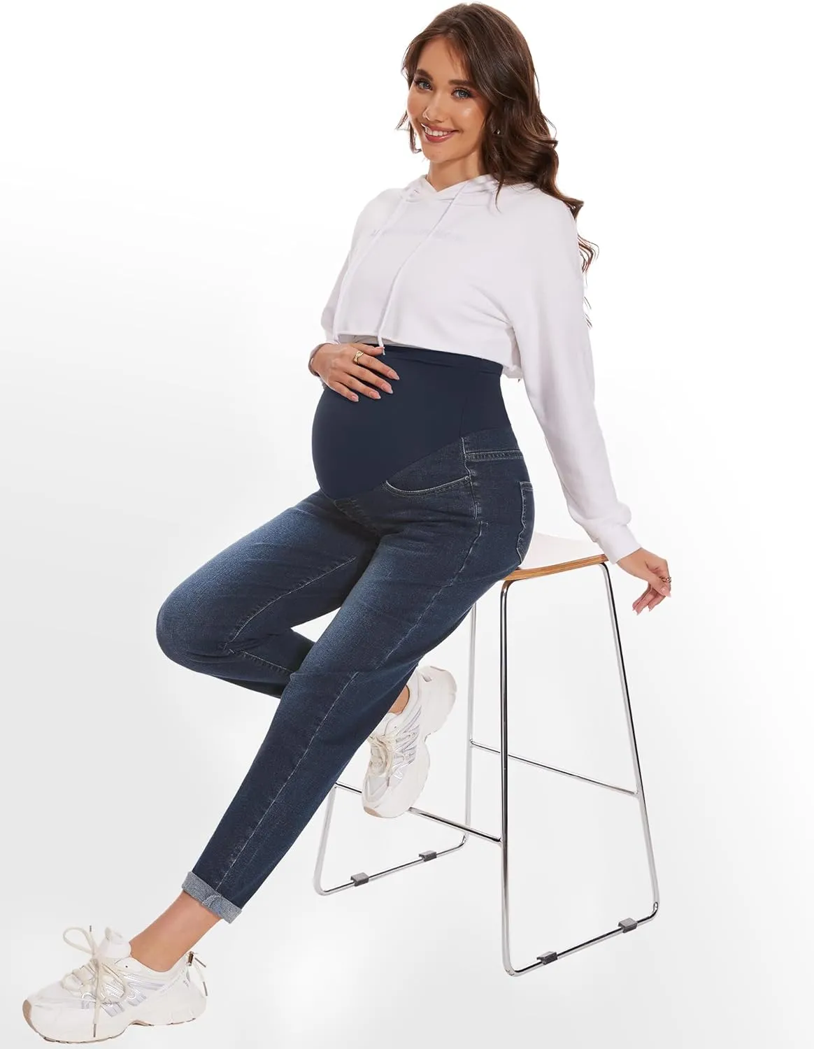 POSHGLAM Women's Maternity Jeans Over Belly Comfy Stretch Boyfriend Jeans Loose Pregnancy Pants, S-XXL