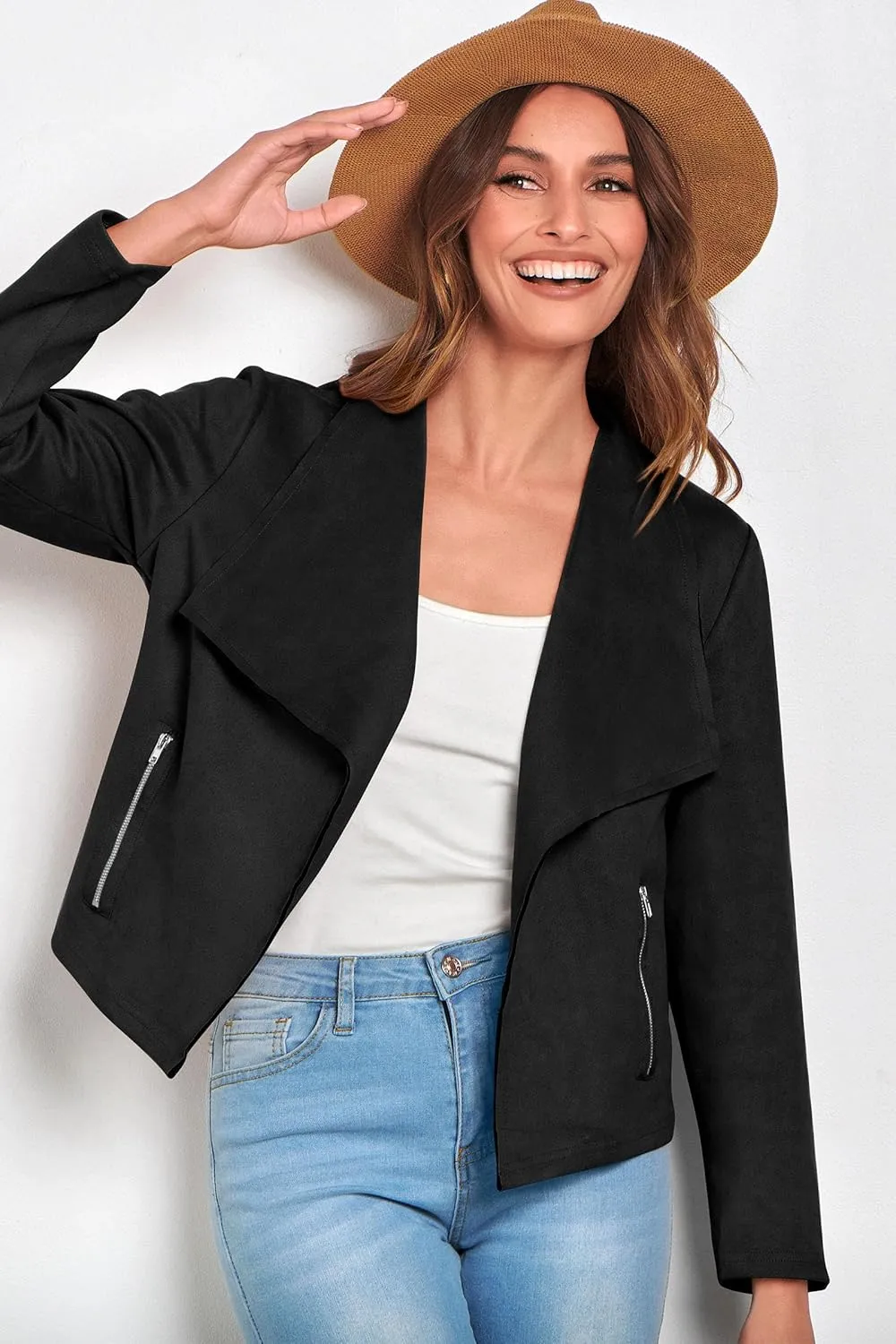 PRETTYGARDEN Women's Faux Suede Jackets 2025 Spring Fall Clothes Long Sleeve Open Front Cropped Coat Outwear