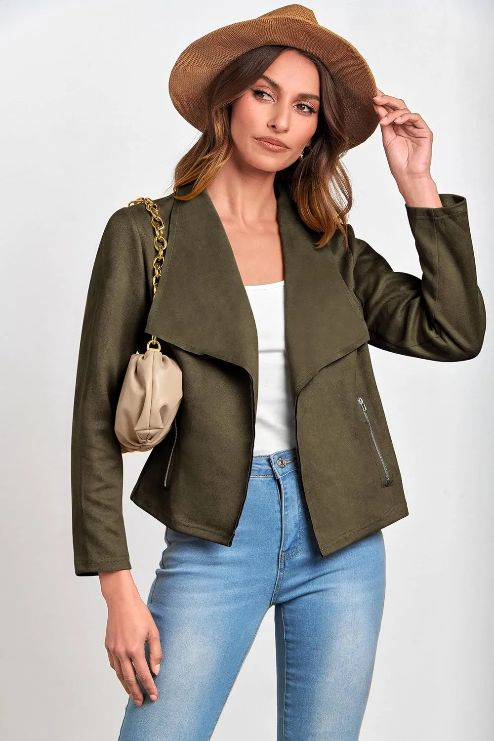 PRETTYGARDEN Women's Faux Suede Jackets 2025 Spring Fall Clothes Long Sleeve Open Front Cropped Coat Outwear