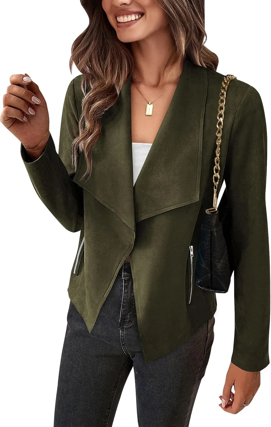 PRETTYGARDEN Women's Faux Suede Jackets 2025 Spring Fall Clothes Long Sleeve Open Front Cropped Coat Outwear