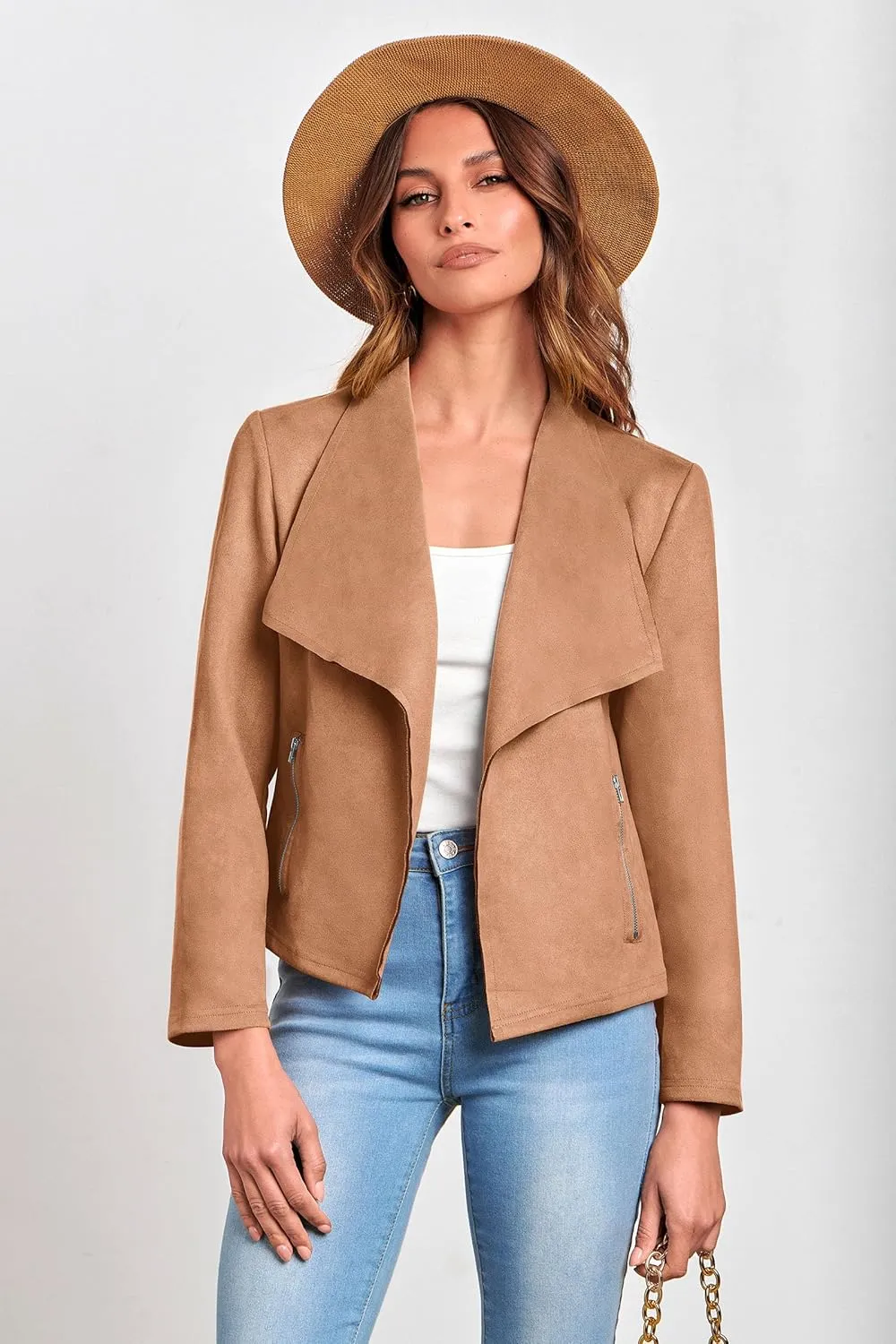 PRETTYGARDEN Women's Faux Suede Jackets 2025 Spring Fall Clothes Long Sleeve Open Front Cropped Coat Outwear