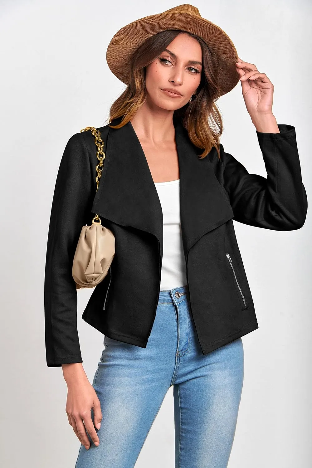 PRETTYGARDEN Women's Faux Suede Jackets 2025 Spring Fall Clothes Long Sleeve Open Front Cropped Coat Outwear