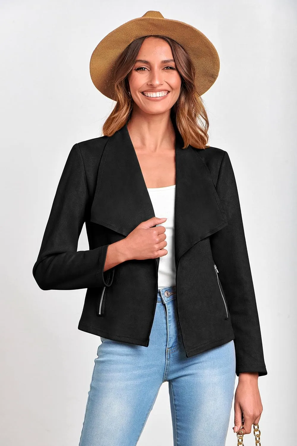 PRETTYGARDEN Women's Faux Suede Jackets 2025 Spring Fall Clothes Long Sleeve Open Front Cropped Coat Outwear