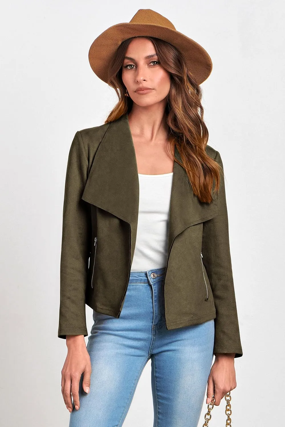PRETTYGARDEN Women's Faux Suede Jackets 2025 Spring Fall Clothes Long Sleeve Open Front Cropped Coat Outwear