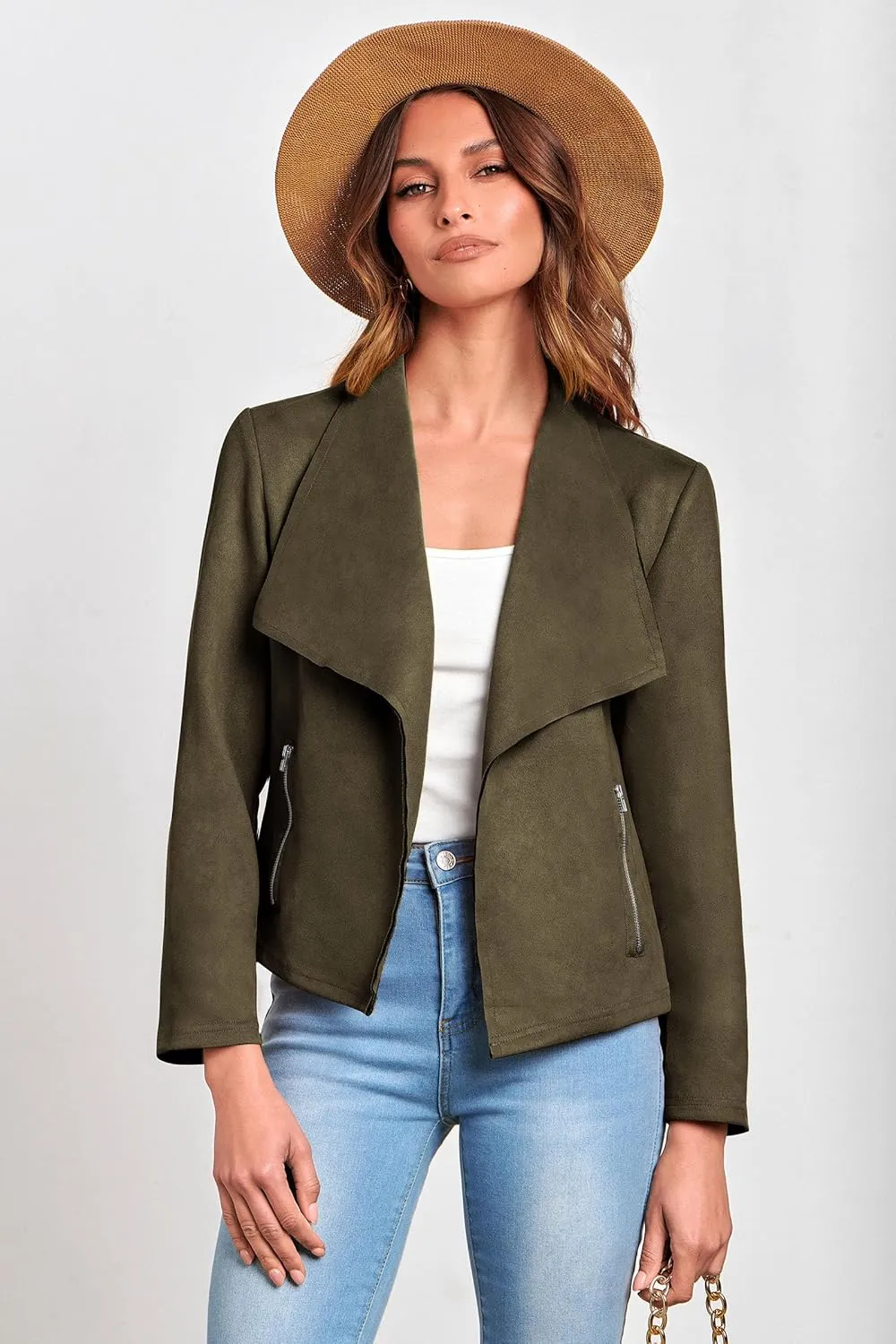 PRETTYGARDEN Women's Faux Suede Jackets 2025 Spring Fall Clothes Long Sleeve Open Front Cropped Coat Outwear
