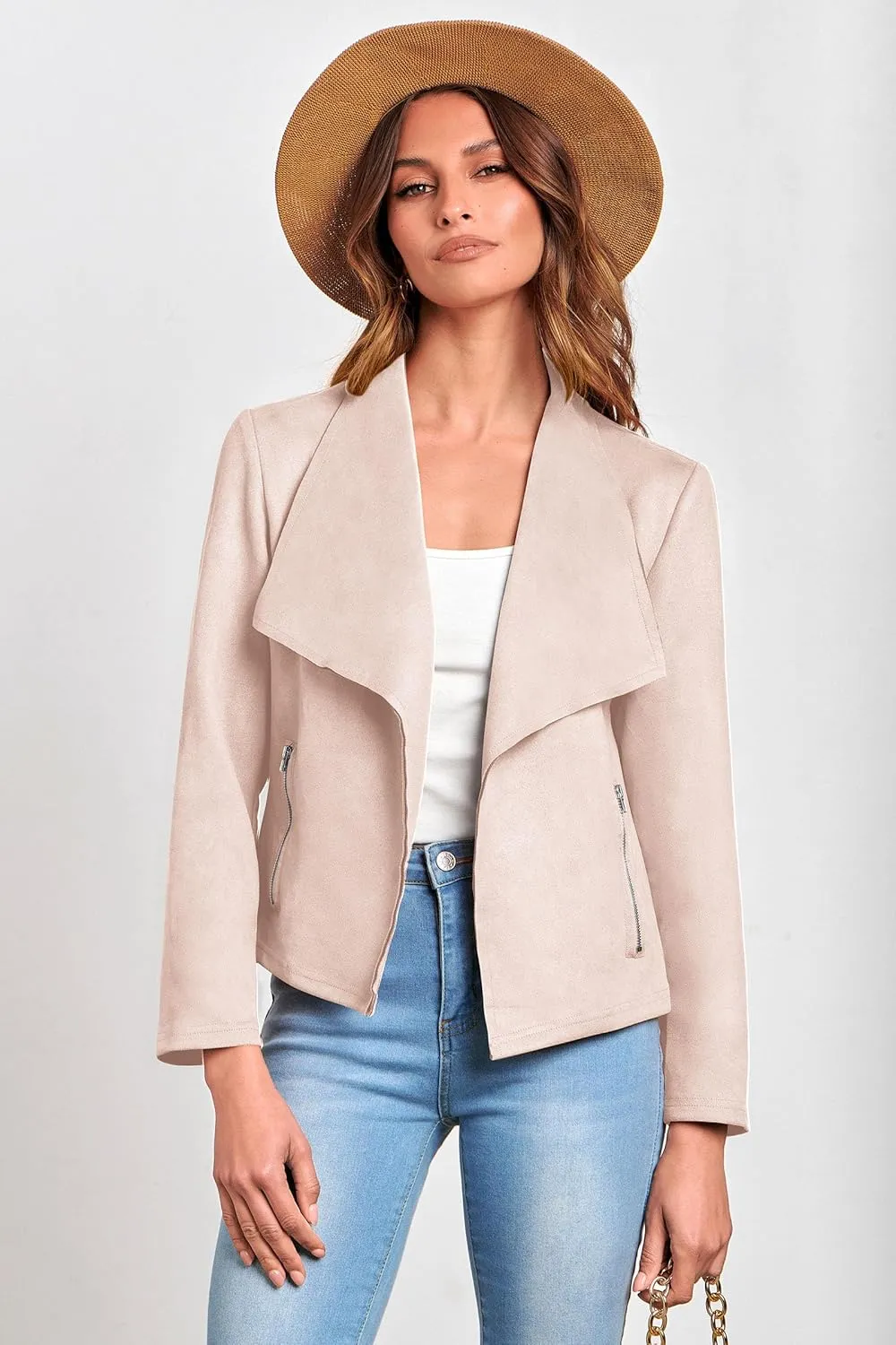 PRETTYGARDEN Women's Faux Suede Jackets 2025 Spring Fall Clothes Long Sleeve Open Front Cropped Coat Outwear