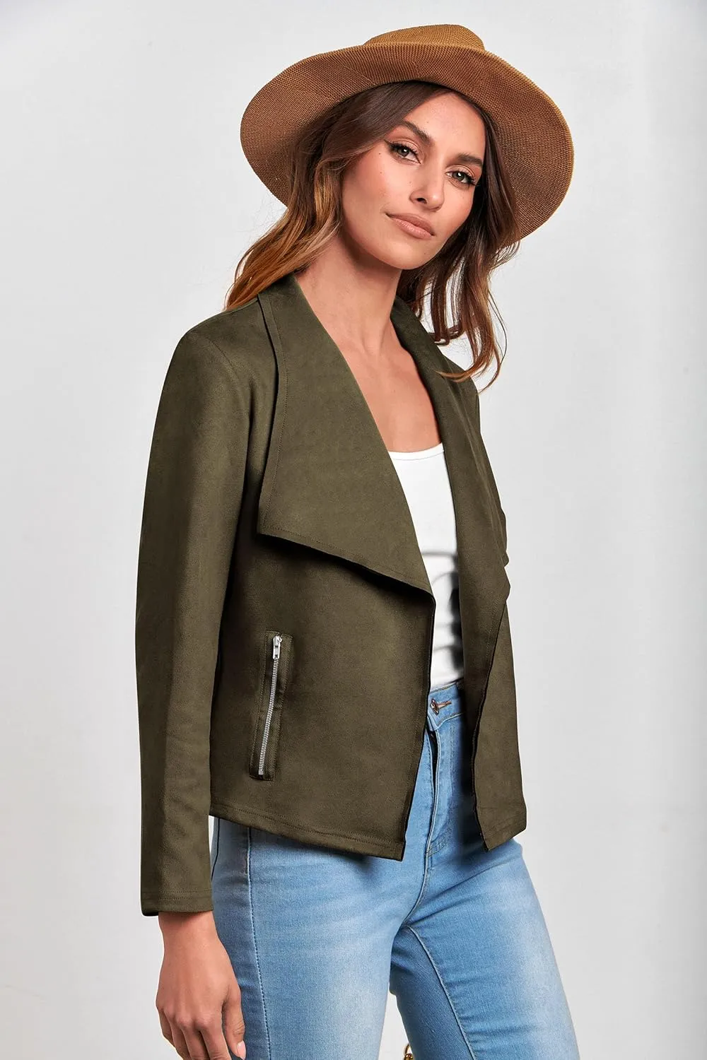 PRETTYGARDEN Women's Faux Suede Jackets 2025 Spring Fall Clothes Long Sleeve Open Front Cropped Coat Outwear
