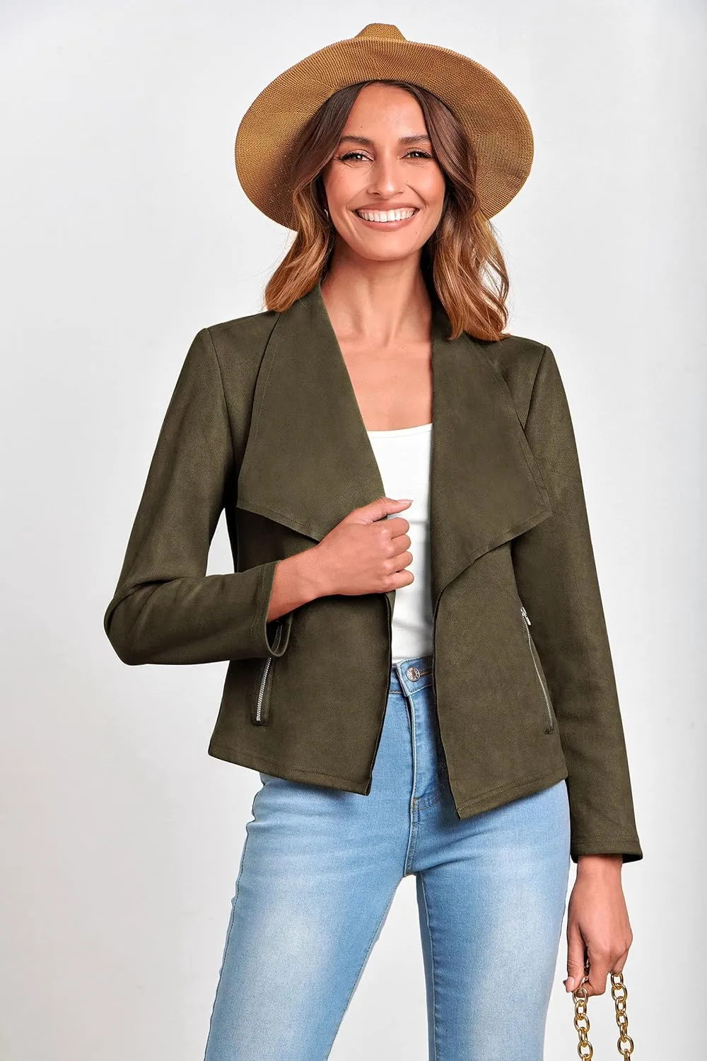 PRETTYGARDEN Women's Faux Suede Jackets 2025 Spring Fall Clothes Long Sleeve Open Front Cropped Coat Outwear