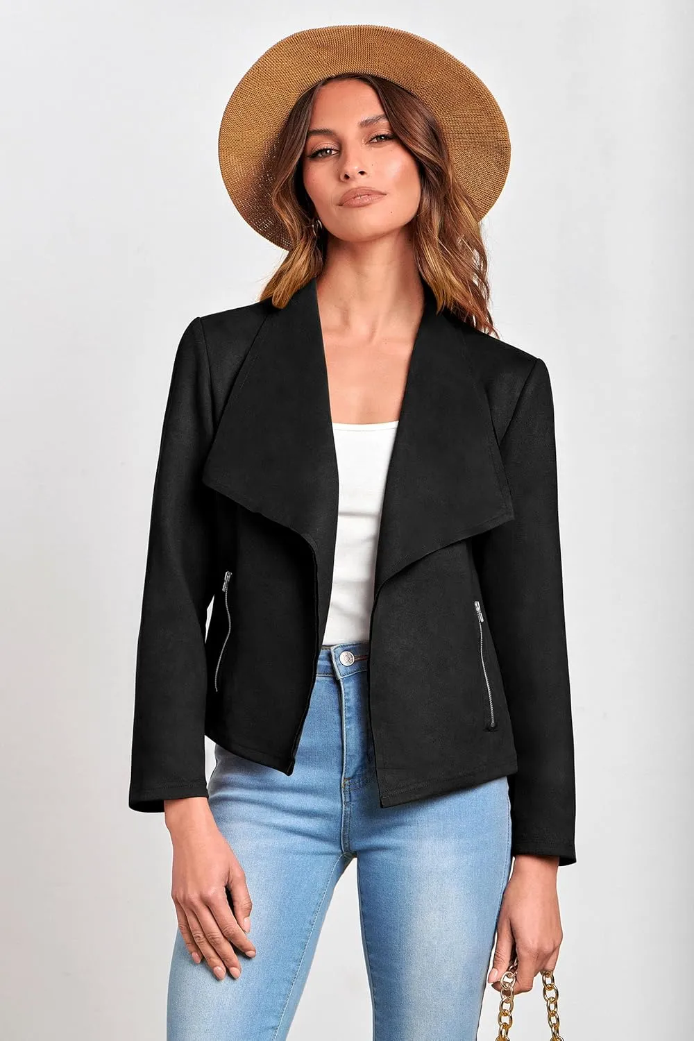 PRETTYGARDEN Women's Faux Suede Jackets 2025 Spring Fall Clothes Long Sleeve Open Front Cropped Coat Outwear