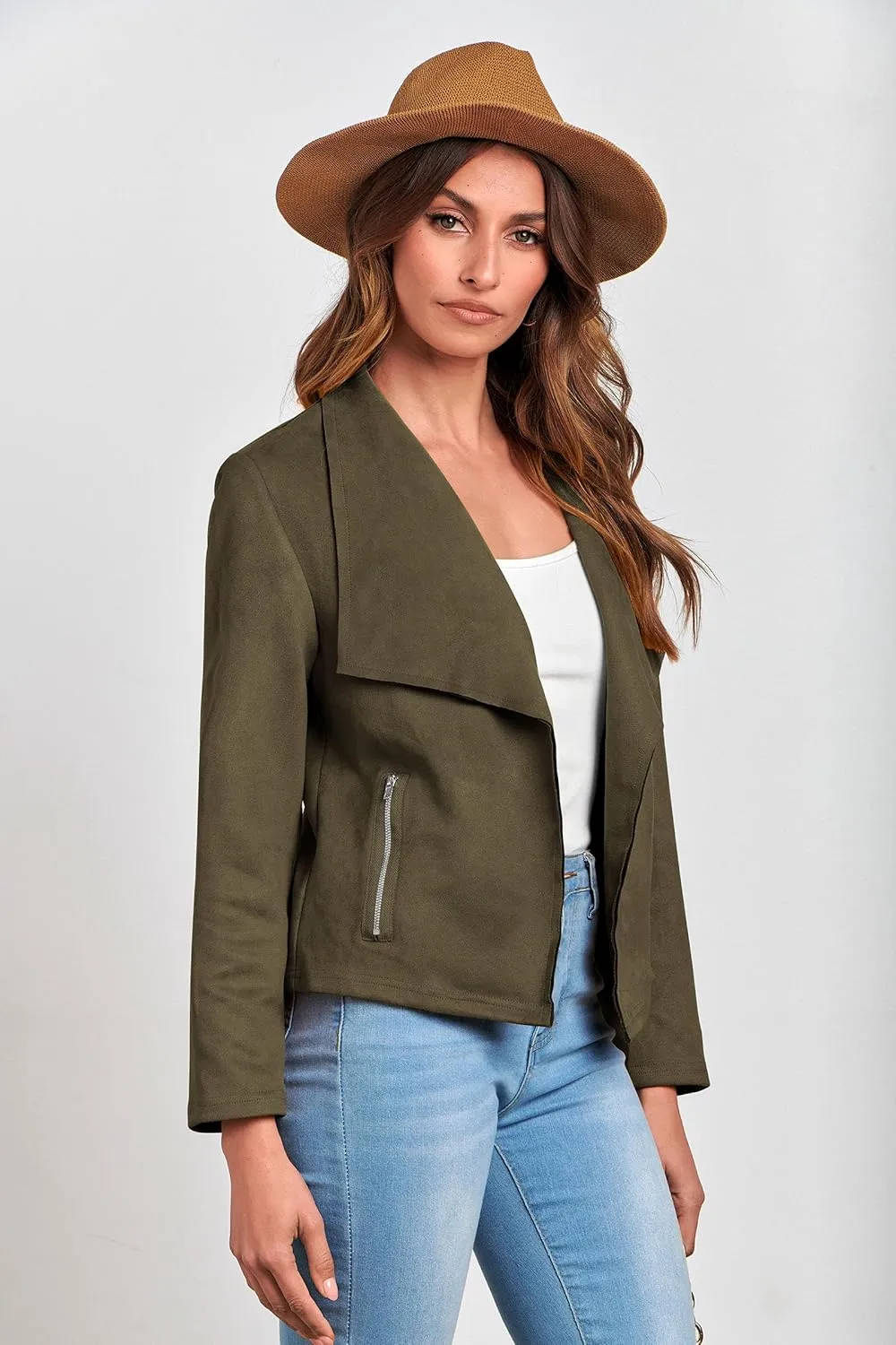 PRETTYGARDEN Women's Faux Suede Jackets 2025 Spring Fall Clothes Long Sleeve Open Front Cropped Coat Outwear