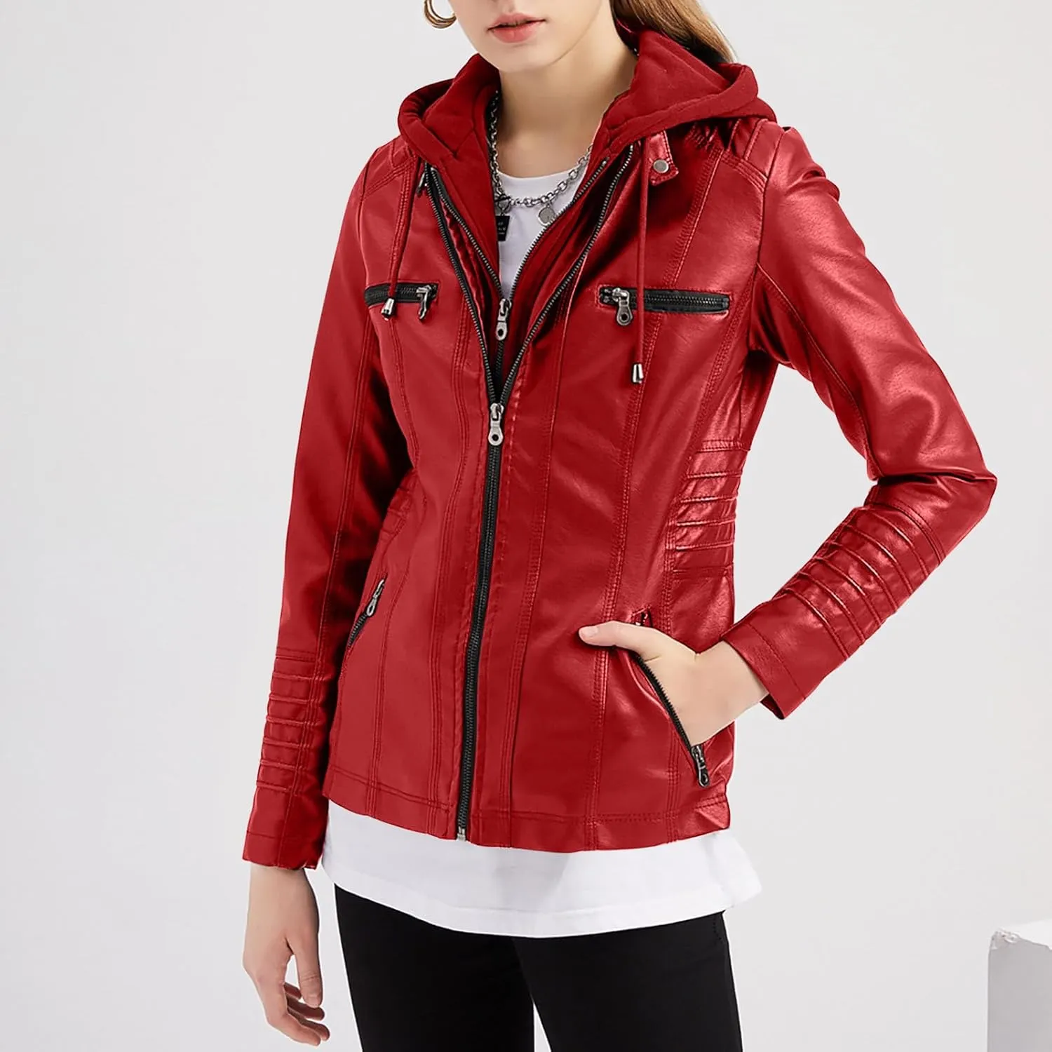 PU Faux Leather Jacket Women Motorcycle Coat for Biker with Removable Hood Plus Size Full Zip Jackets Winter Outfits