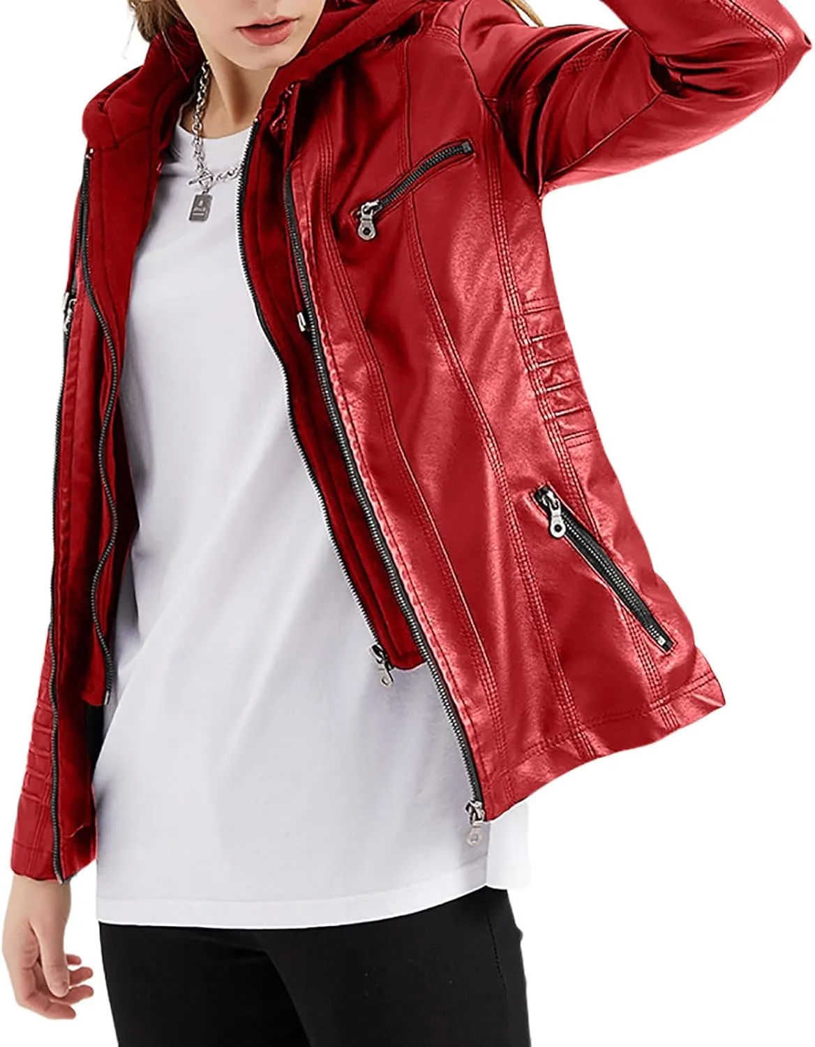 PU Faux Leather Jacket Women Motorcycle Coat for Biker with Removable Hood Plus Size Full Zip Jackets Winter Outfits