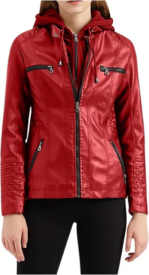 PU Faux Leather Jacket Women Motorcycle Coat for Biker with Removable Hood Plus Size Full Zip Jackets Winter Outfits