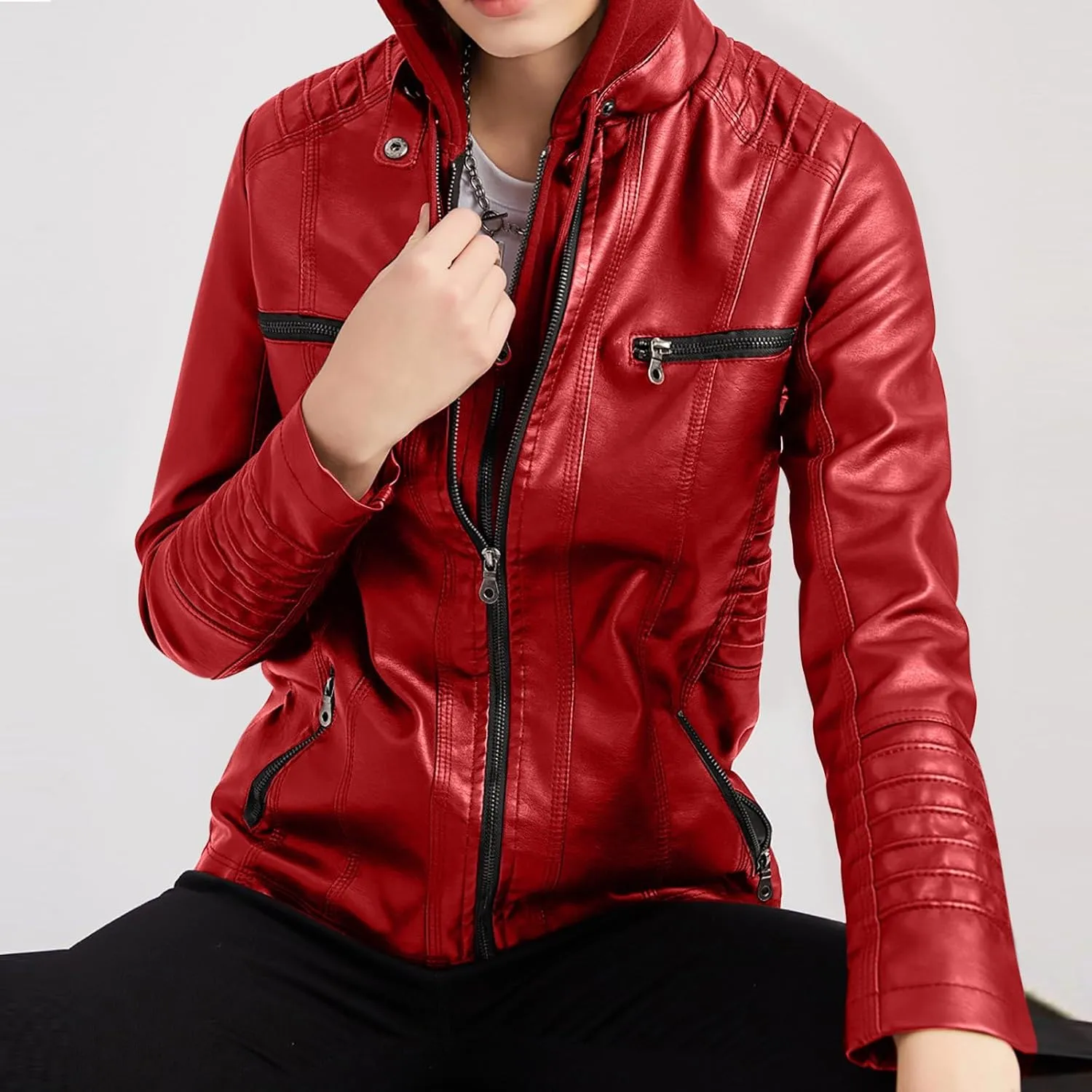 PU Faux Leather Jacket Women Motorcycle Coat for Biker with Removable Hood Plus Size Full Zip Jackets Winter Outfits