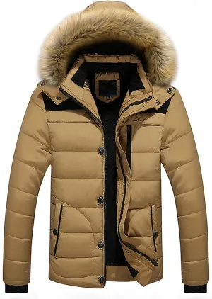 Puffer Jacket Men Fur Hood Winter Coat Zip up Padded Coat Warm Down Jacket Quilted Insulated Jacket Thermal Outwear