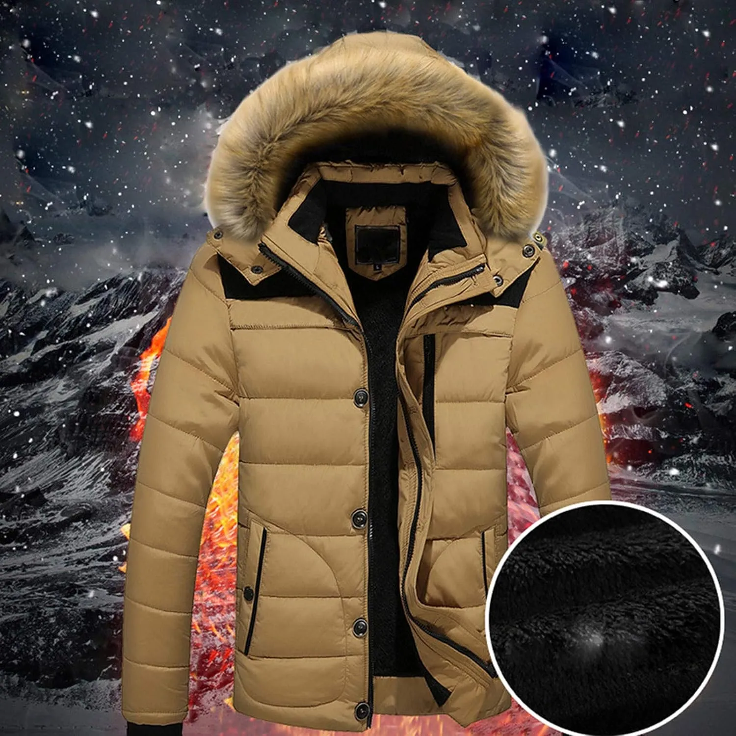 Puffer Jacket Men Fur Hood Winter Coat Zip up Padded Coat Warm Down Jacket Quilted Insulated Jacket Thermal Outwear