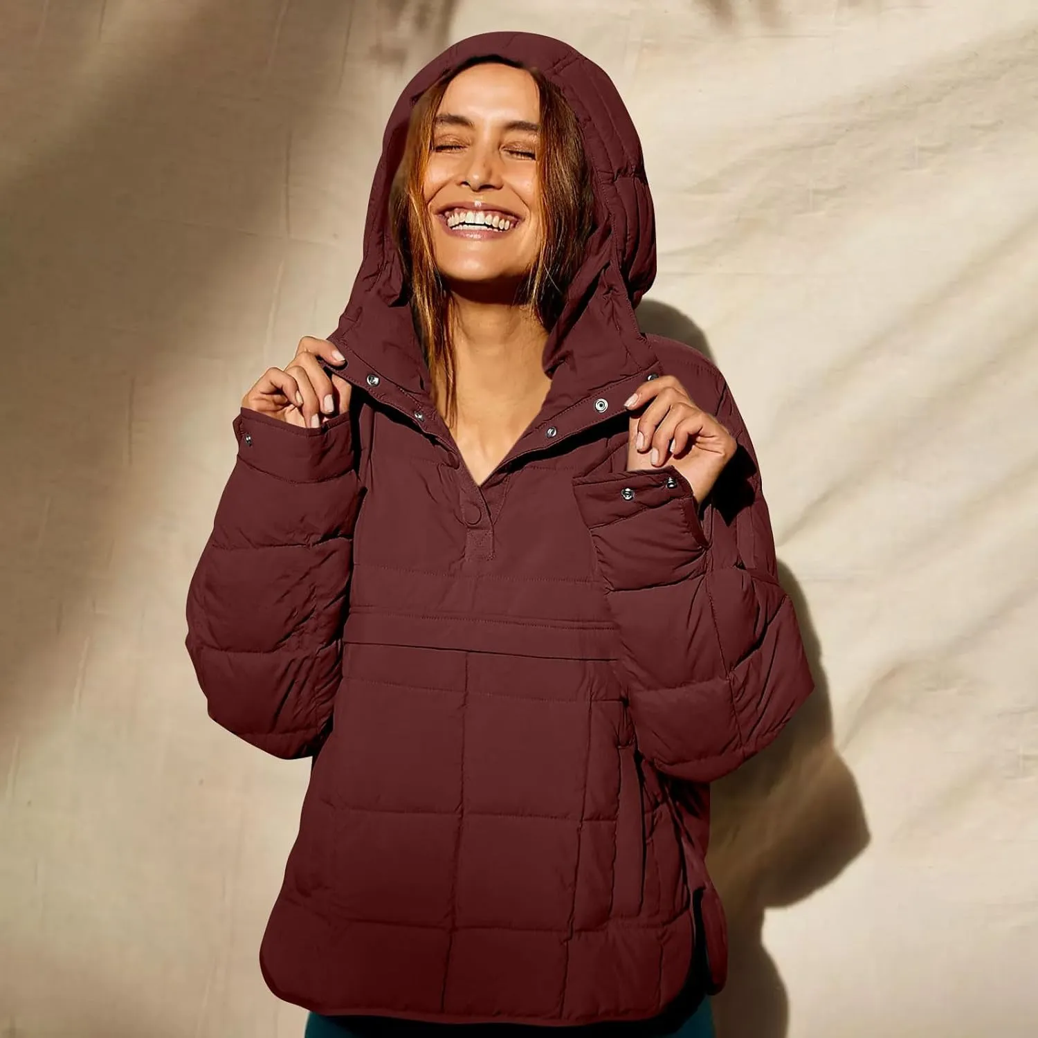 Puffer Pullover Jacket Womens,2024 Button Hooded Quilted Jacket Lightweight Down Coat Packable Oversized Winter Coat