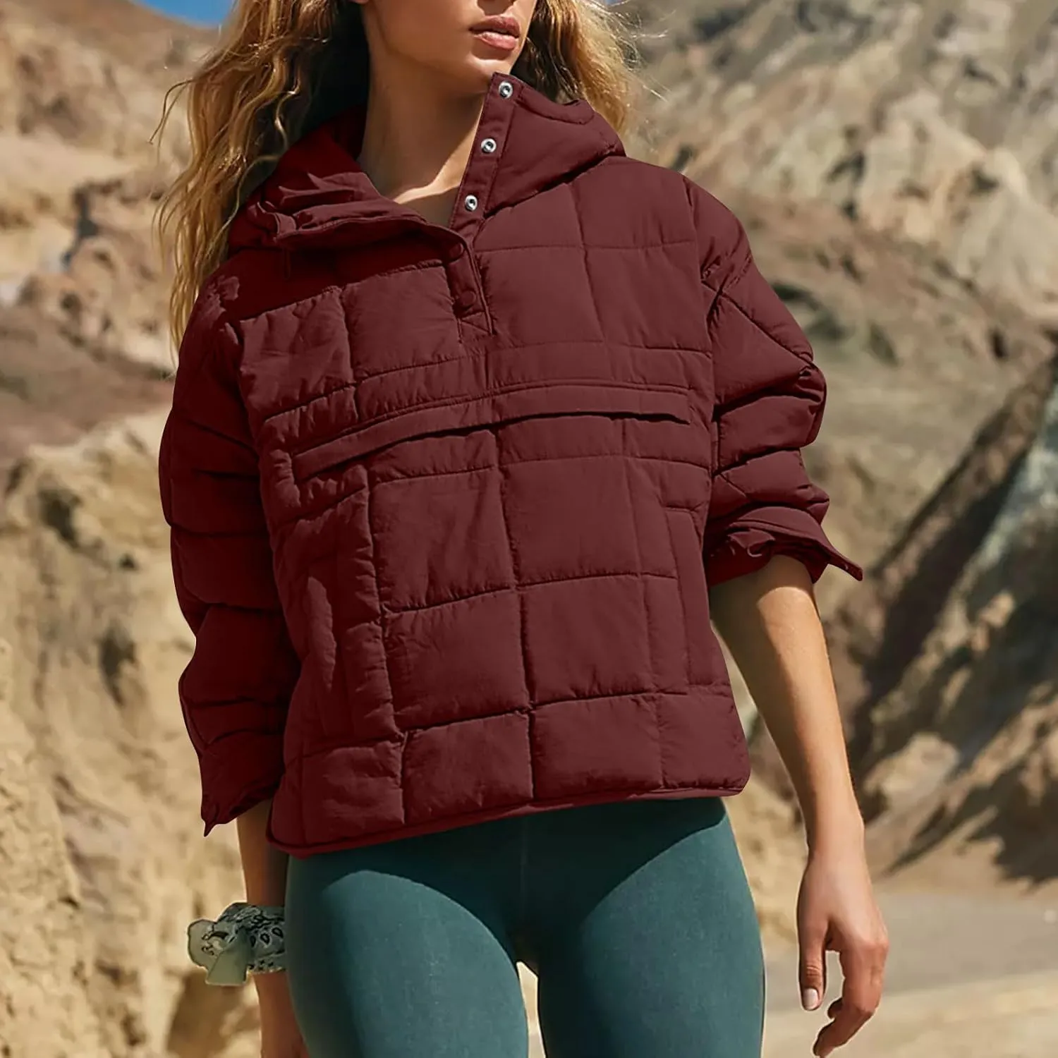 Puffer Pullover Jacket Womens,2024 Button Hooded Quilted Jacket Lightweight Down Coat Packable Oversized Winter Coat