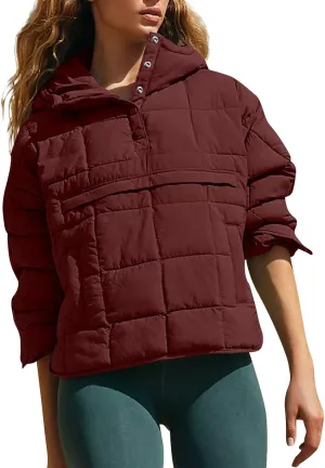 Puffer Pullover Jacket Womens,2024 Button Hooded Quilted Jacket Lightweight Down Coat Packable Oversized Winter Coat