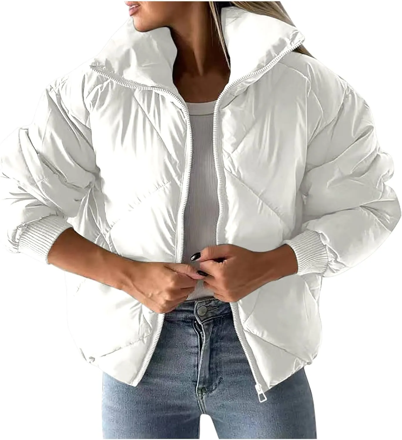 Quilted Jackets for Women 2024 Zip up Puffer Jacket Padded Down Jacket Warm Insulated Jackets Thermal Winter Coat