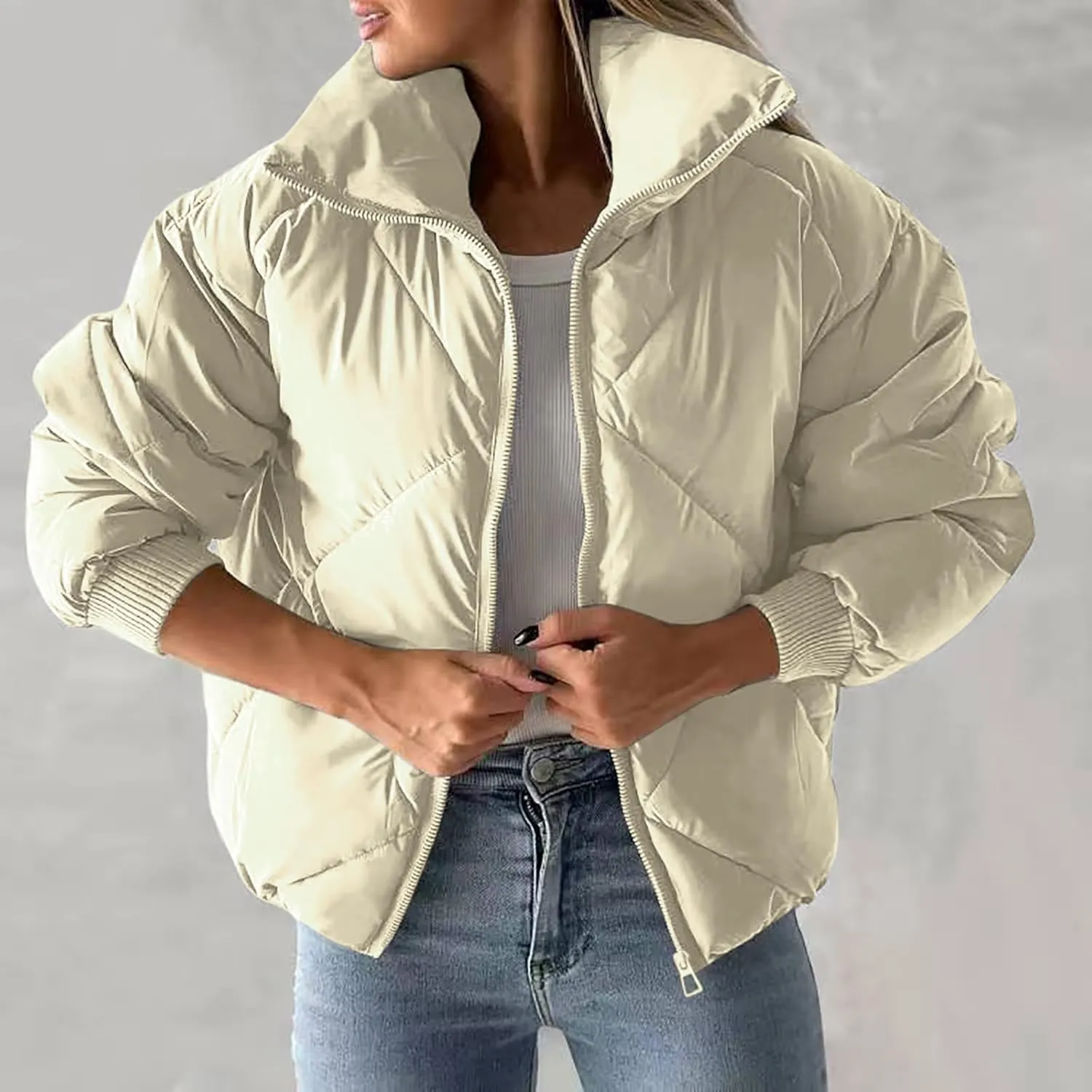 Quilted Jackets for Women 2024 Zip up Puffer Jacket Padded Down Jacket Warm Insulated Jackets Thermal Winter Coat