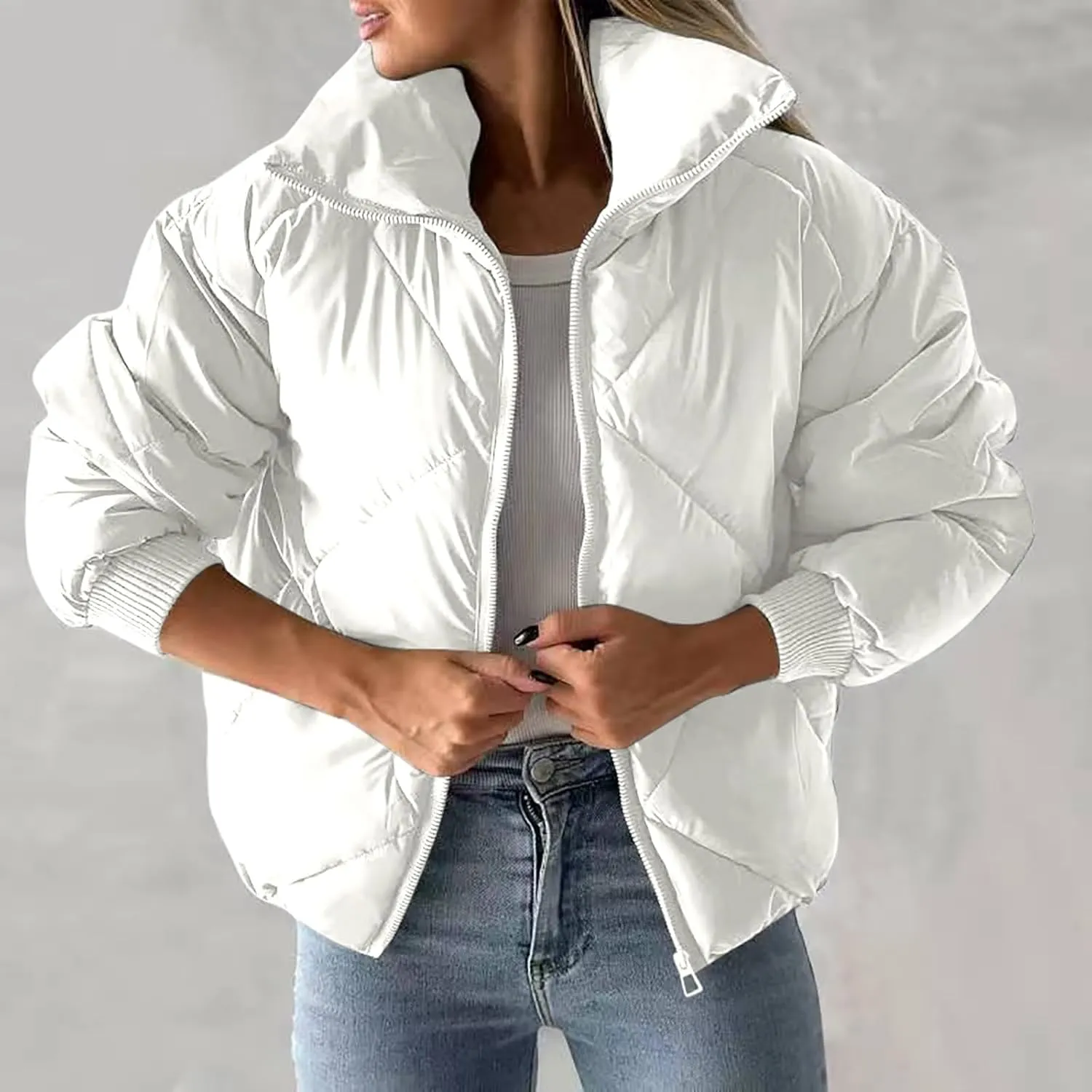 Quilted Jackets for Women 2024 Zip up Puffer Jacket Padded Down Jacket Warm Insulated Jackets Thermal Winter Coat