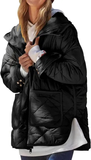 Quilted Jackets for Women Lightweight Puffer Jacket Hooded Long Sleeve Zip Up Winter Coat Dolman Warm Outwear Pockets