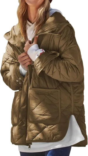 Quilted Jackets for Women Lightweight Puffer Jacket Hooded Long Sleeve Zip Up Winter Coat Dolman Warm Outwear Pockets