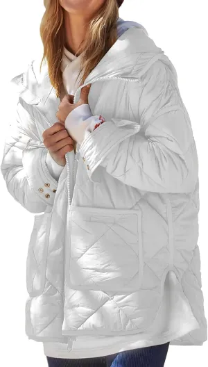 Quilted Jackets for Women Lightweight Puffer Jacket Hooded Long Sleeve Zip Up Winter Coat Dolman Warm Outwear Pockets