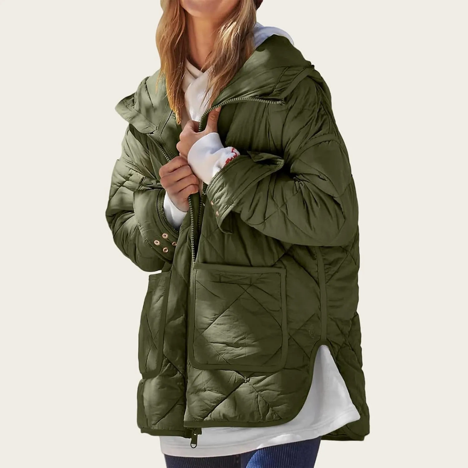 Quilted Jackets for Women Lightweight Puffer Jacket Hooded Long Sleeve Zip Up Winter Coat Dolman Warm Outwear Pockets