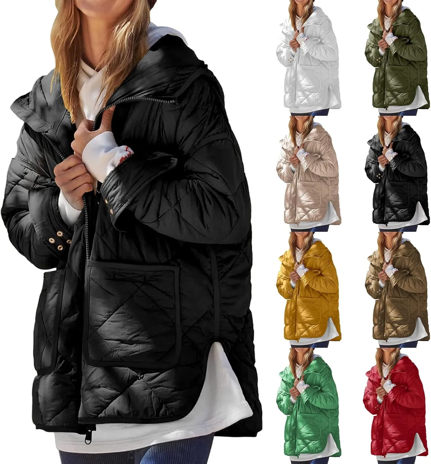 Quilted Jackets for Women Lightweight Puffer Jacket Hooded Long Sleeve Zip Up Winter Coat Dolman Warm Outwear Pockets