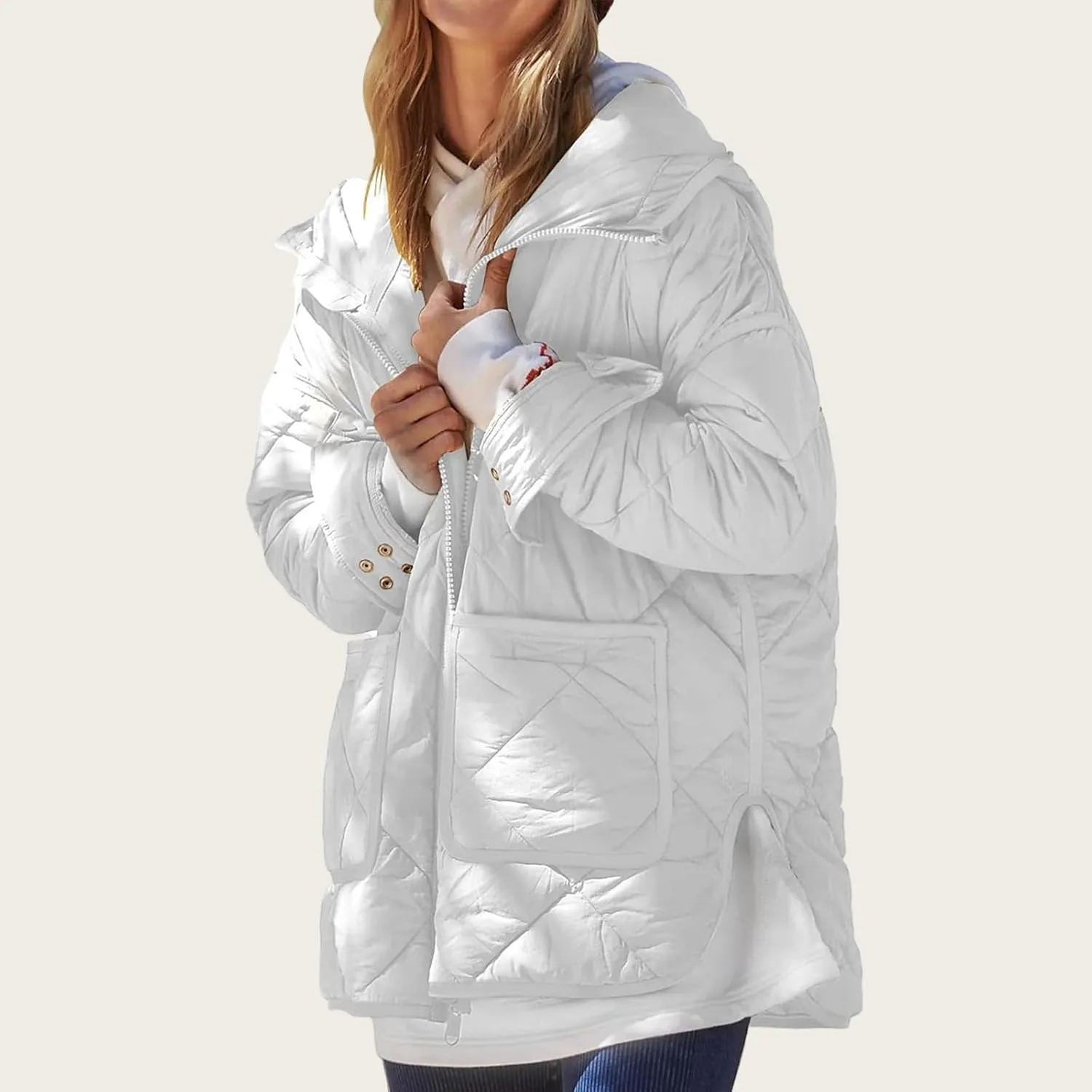 Quilted Jackets for Women Lightweight Puffer Jacket Hooded Long Sleeve Zip Up Winter Coat Dolman Warm Outwear Pockets
