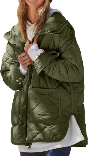 Quilted Jackets for Women Lightweight Puffer Jacket Hooded Long Sleeve Zip Up Winter Coat Dolman Warm Outwear Pockets