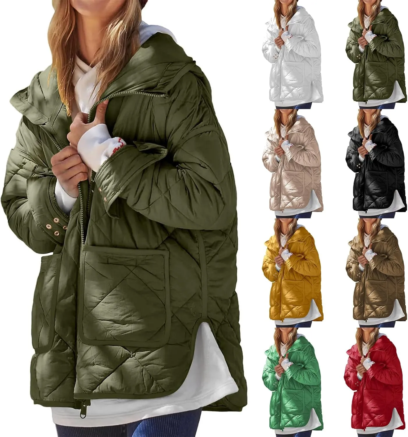 Quilted Jackets for Women Lightweight Puffer Jacket Hooded Long Sleeve Zip Up Winter Coat Dolman Warm Outwear Pockets