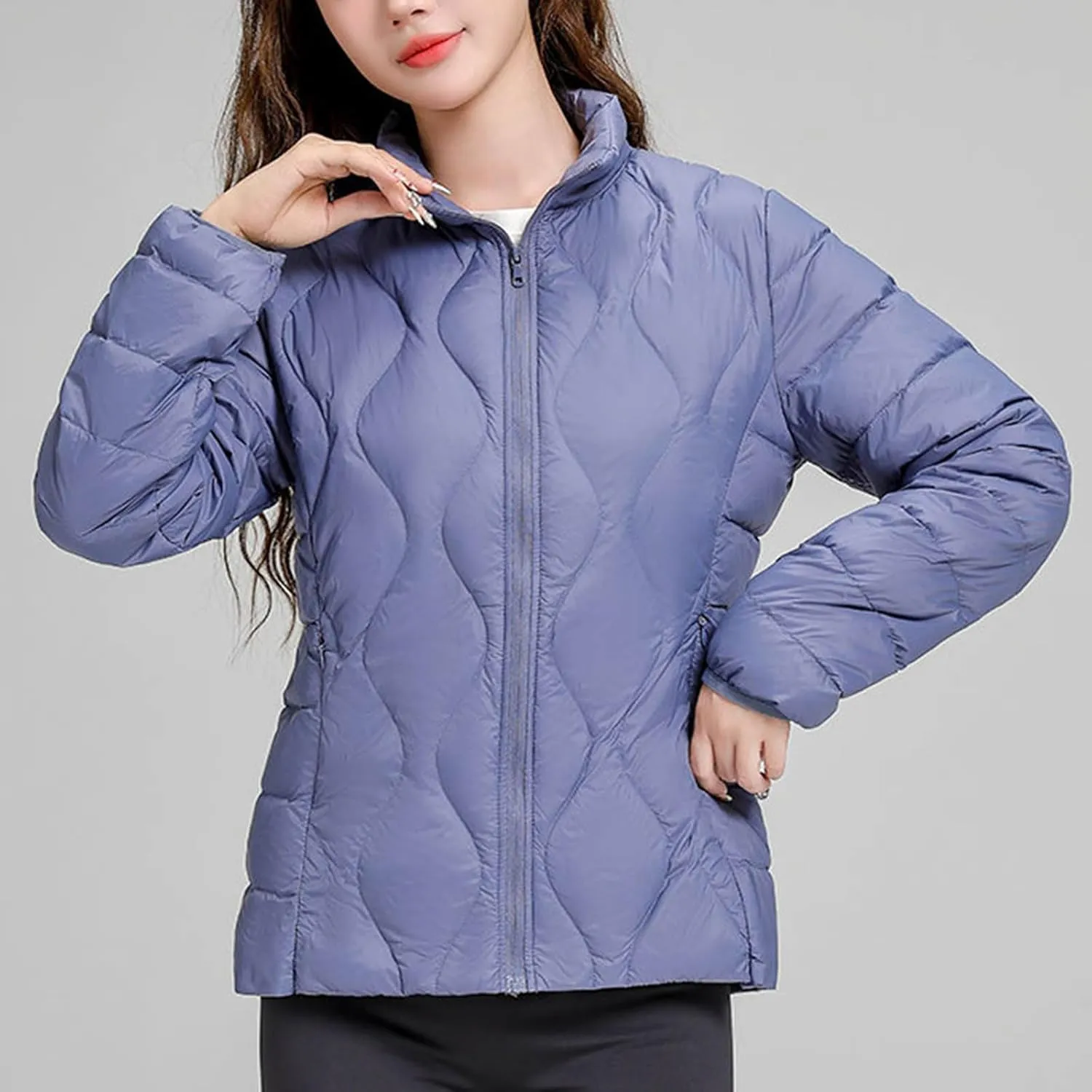 Quilted Lightweight Jackets for Women Plus Size Short Puffer Coats Stand Collar Zipper Down Jacket for Fall Winter
